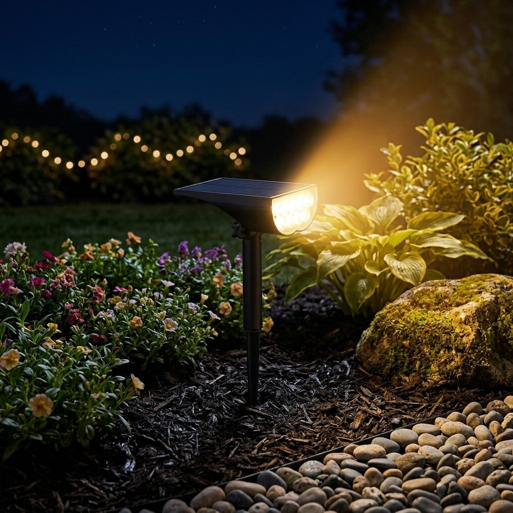 Solar garden spotlight glowing warm white over a flowerbed at night