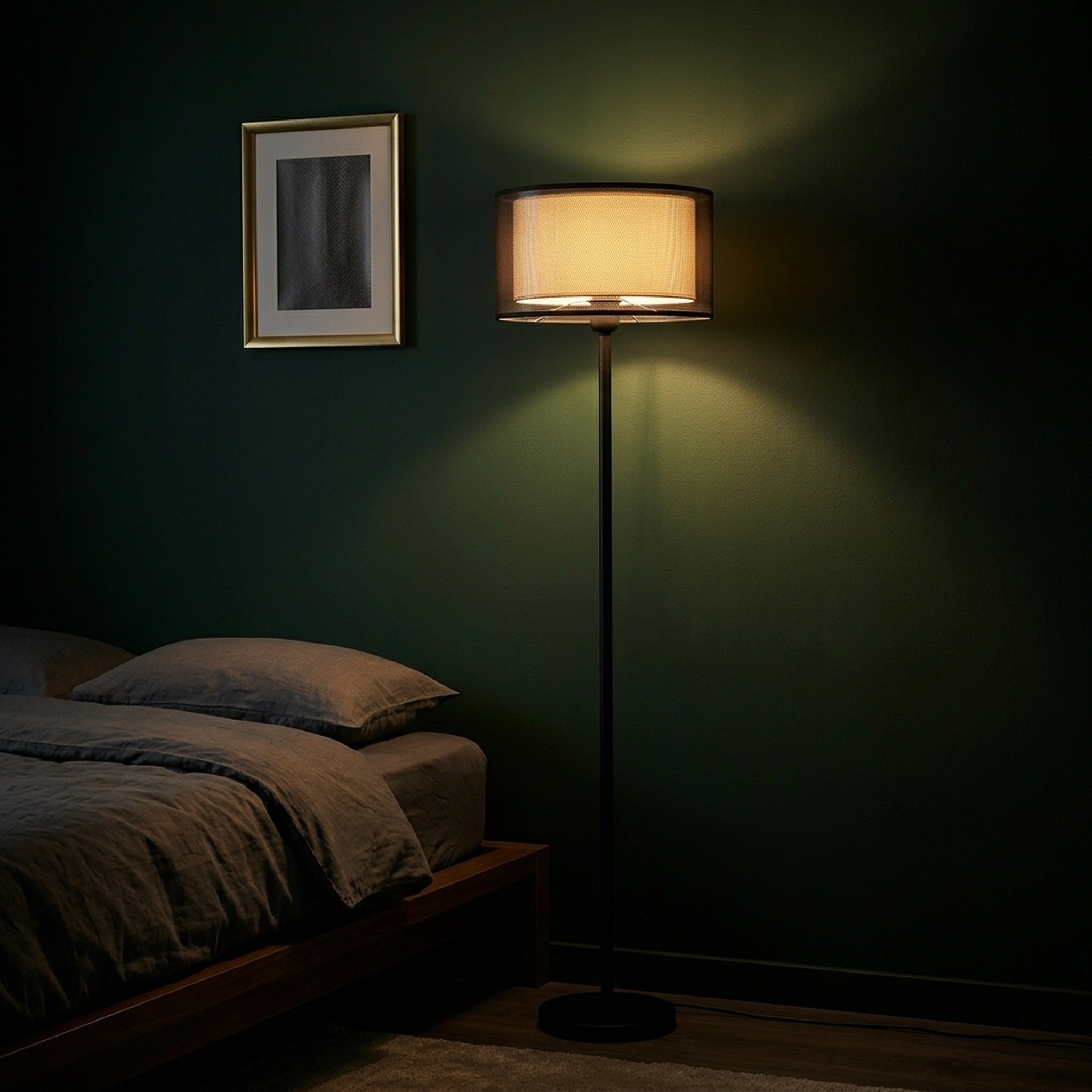 Nordic LED floor lamp on white background with warm tri-colour glow