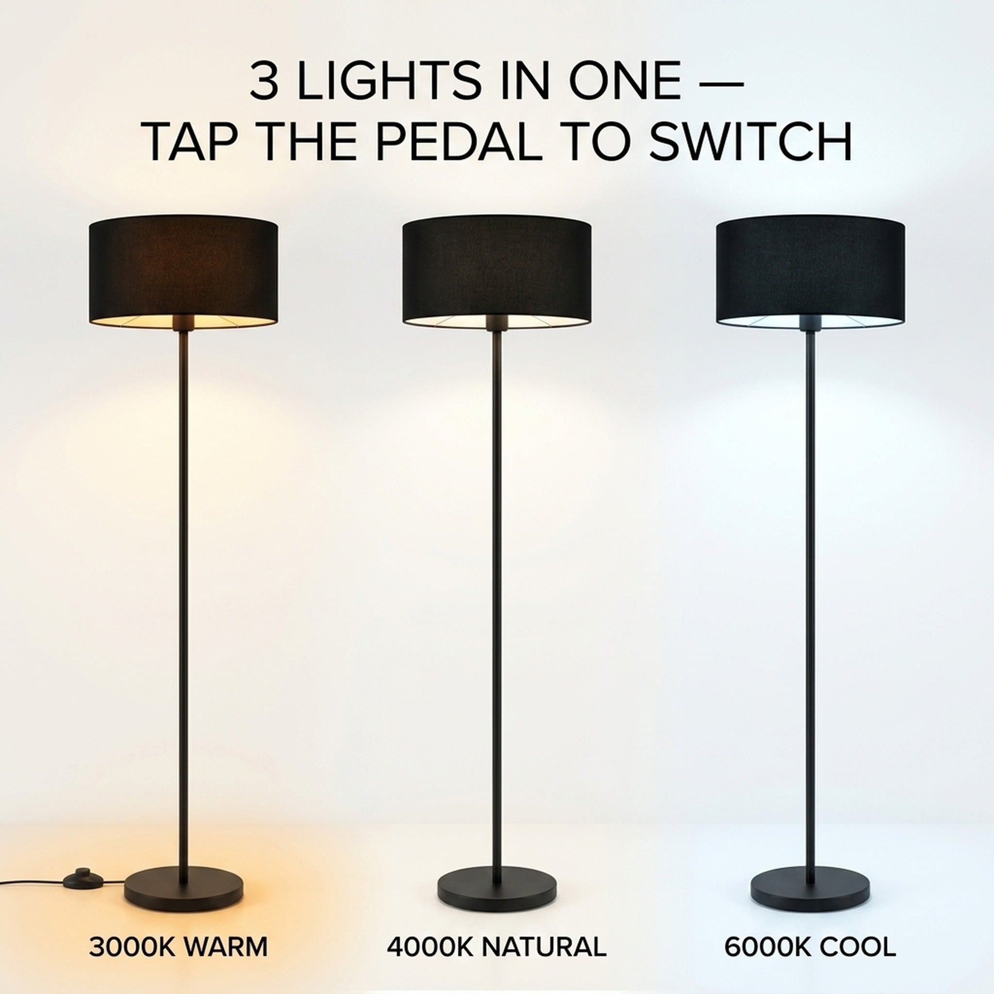 Tri-colour temperature: 3000K warm, 4000K natural, 6000K cool — tap pedal to switch