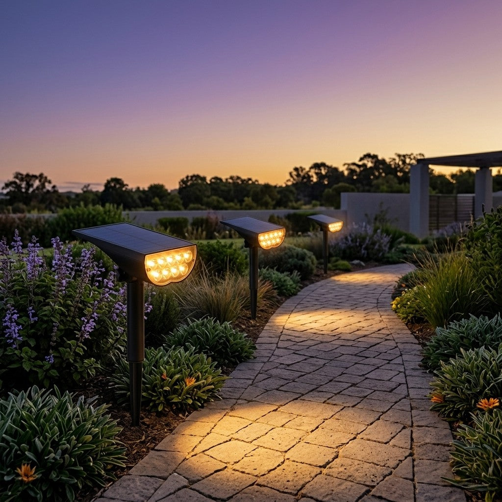 Three solar garden spotlights lighting a paved garden path at dusk