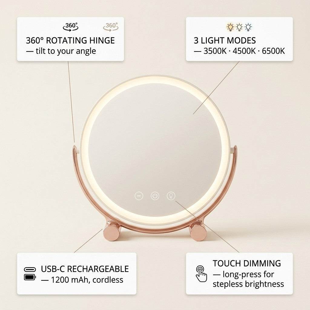 LED vanity mirror features - 360 degree rotation, 3 light modes, USB-C, touch dimming