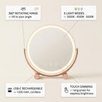 LED vanity mirror features - 360 degree rotation, 3 light modes, USB-C, touch dimming