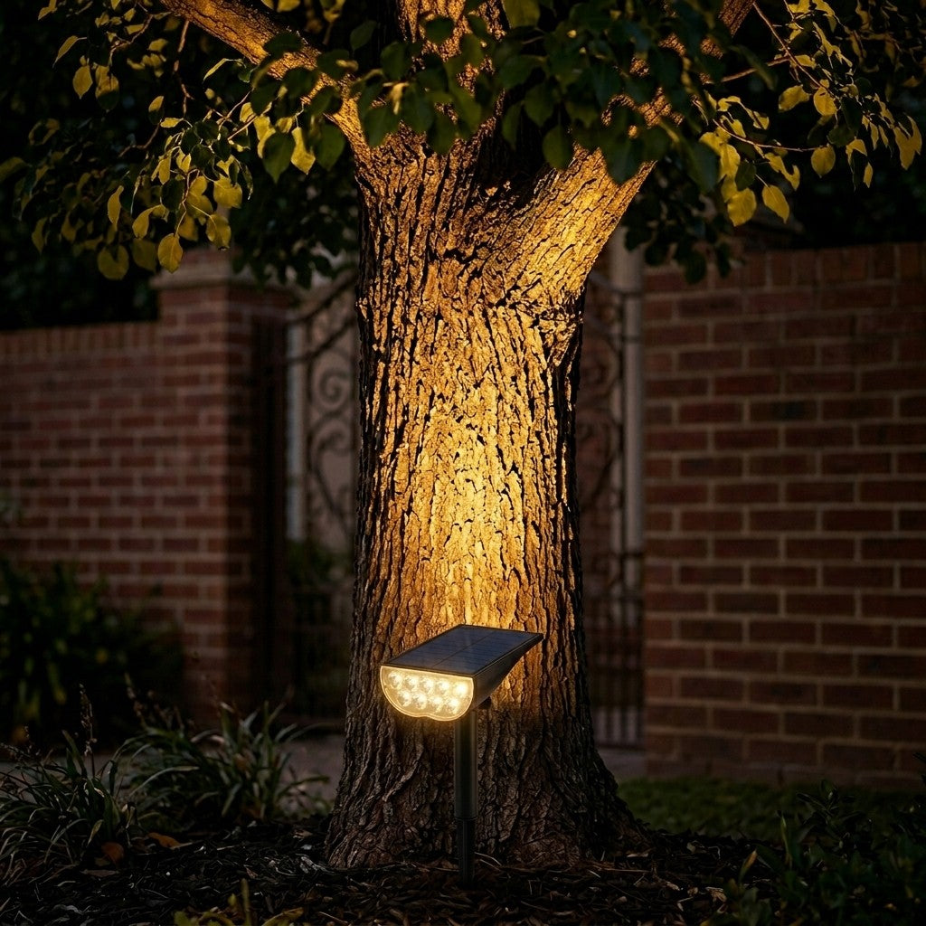 Solar garden spotlight uplighting a tree trunk at night