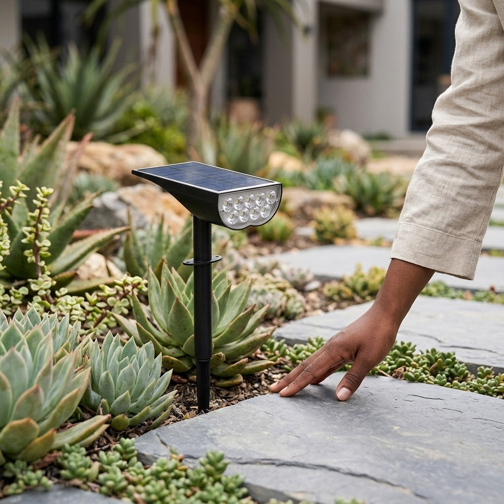 Solar garden spotlight staked in a succulent garden in daylight