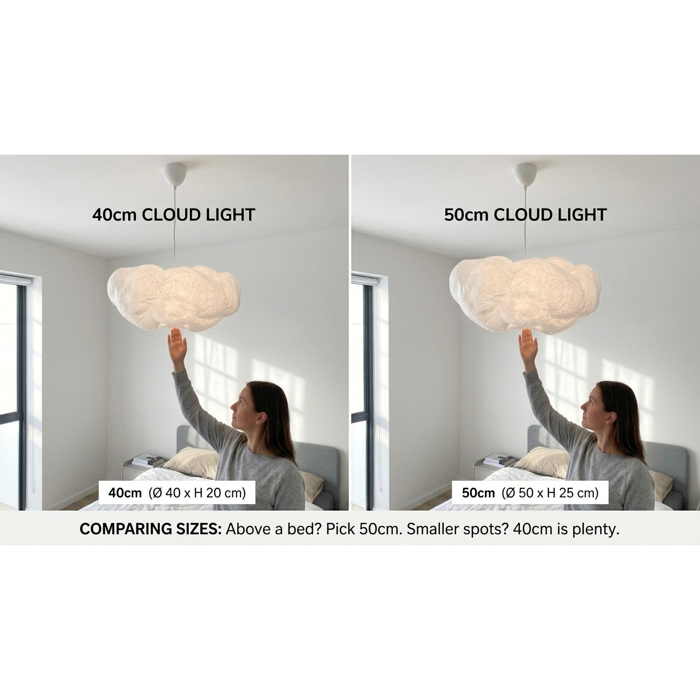 40cm vs 50cm Cloud Pendant Light size comparison above a bed