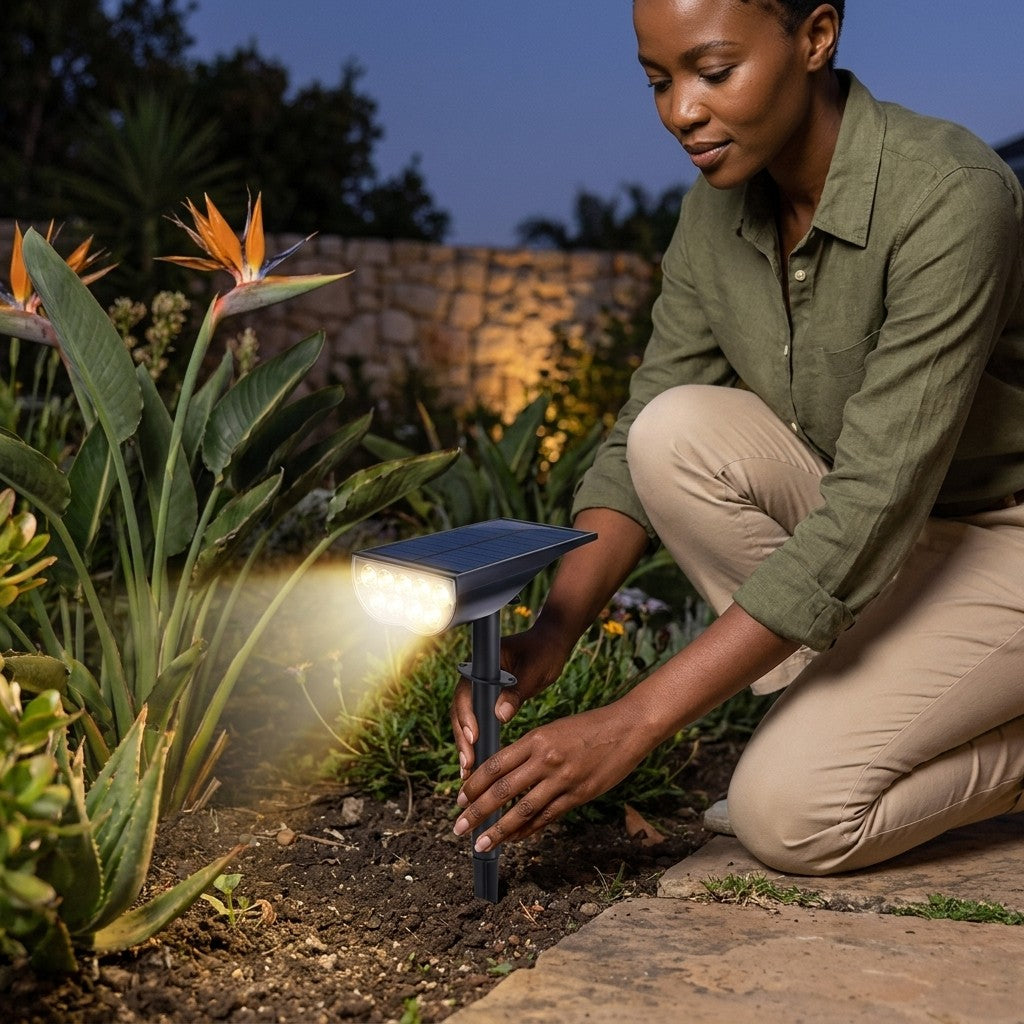 Installing a solar garden spotlight in a flower bed at dusk
