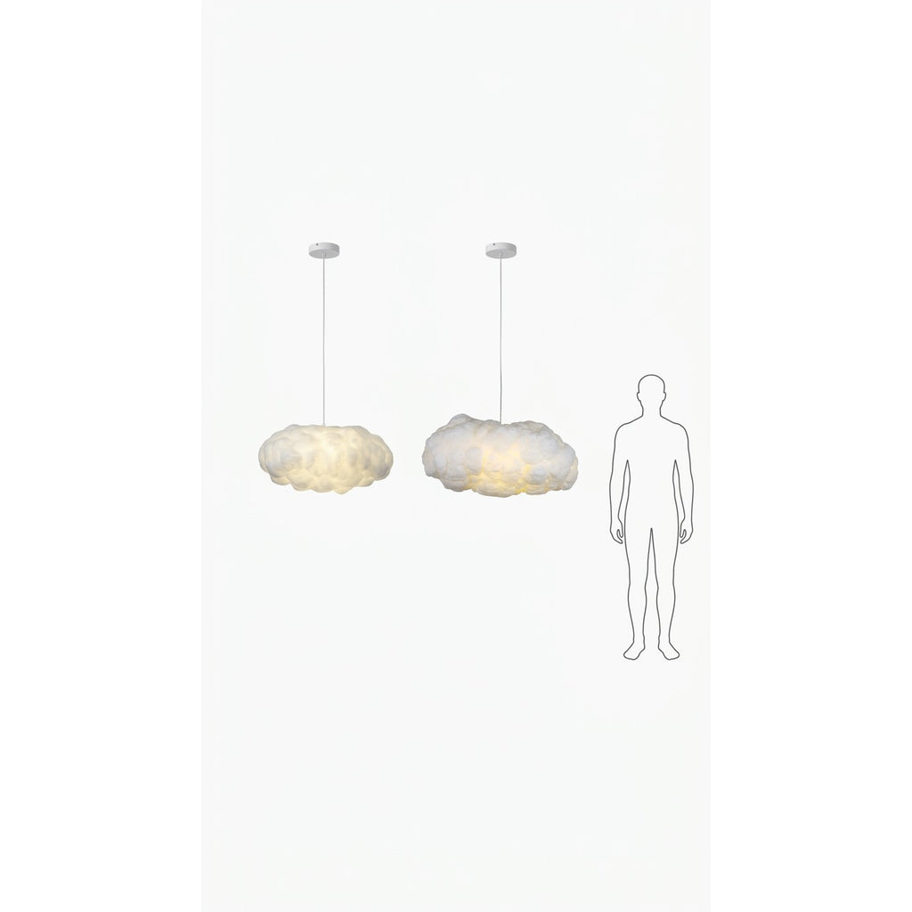 Cloud Pendant Light 40cm and 50cm sizes shown with adult height silhouette