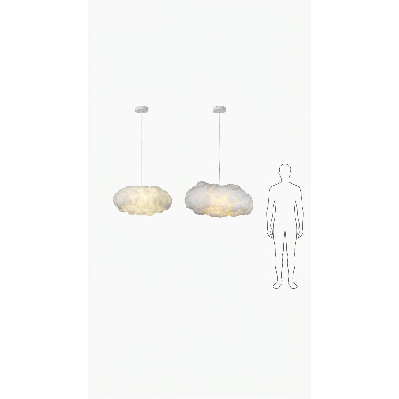 Cloud Pendant Light 40cm and 50cm sizes shown with adult height silhouette