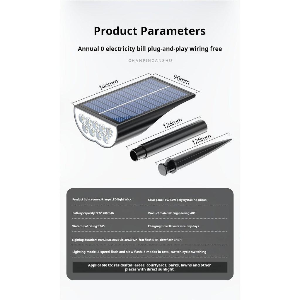 Solar garden spotlight specifications - IP65 waterproof, 1200mAh, 9 LED, 5 light modes
