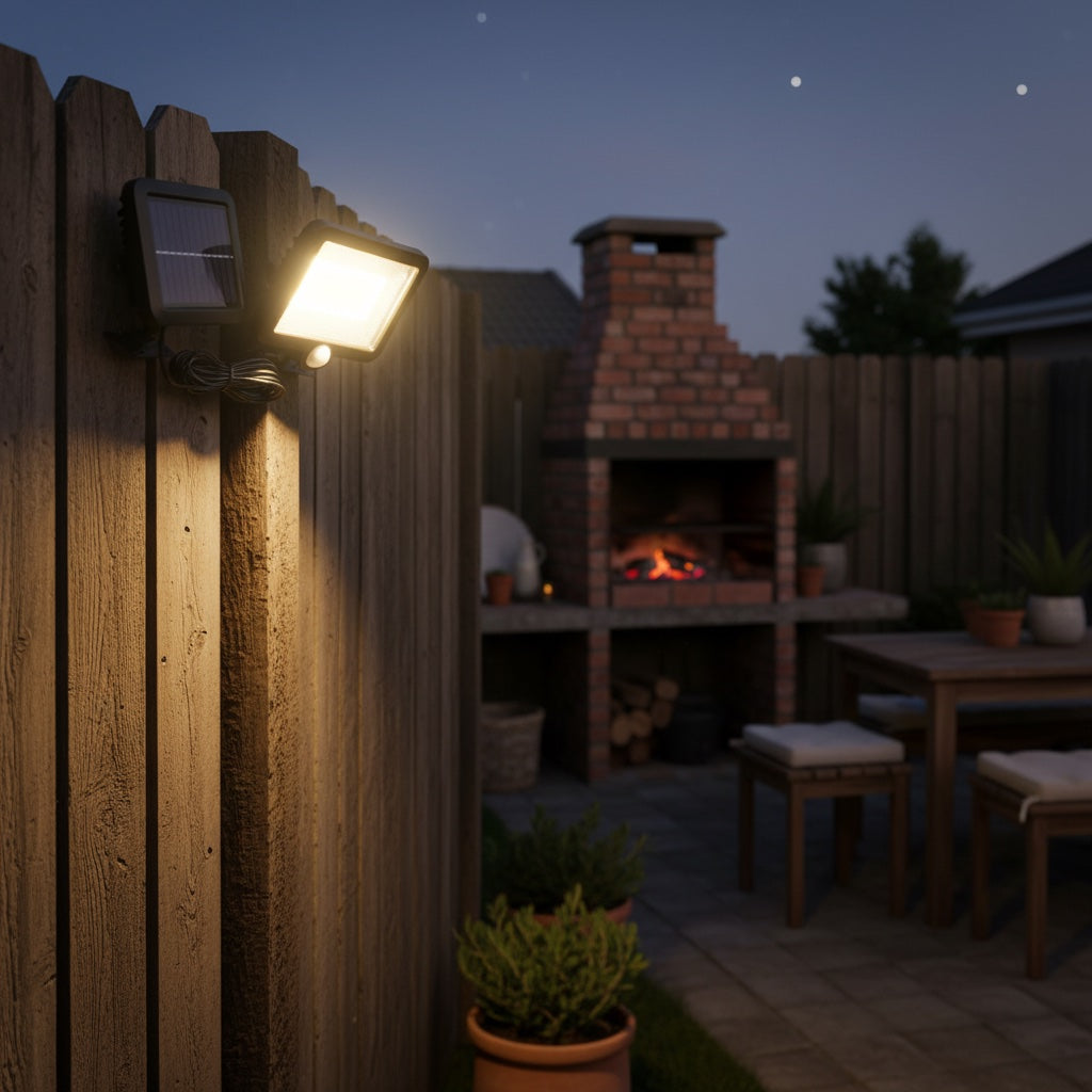 Lumiliving 100COB Warm Light 3 Mode solar security light - backyard fence lifestyle