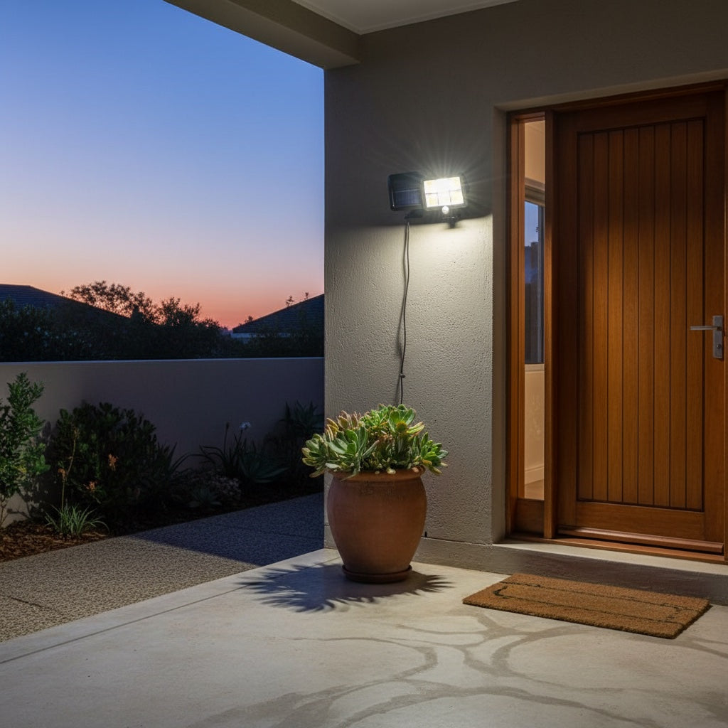 Lumiliving 6 Grid 120COB-3 Mode solar security light - front porch lifestyle