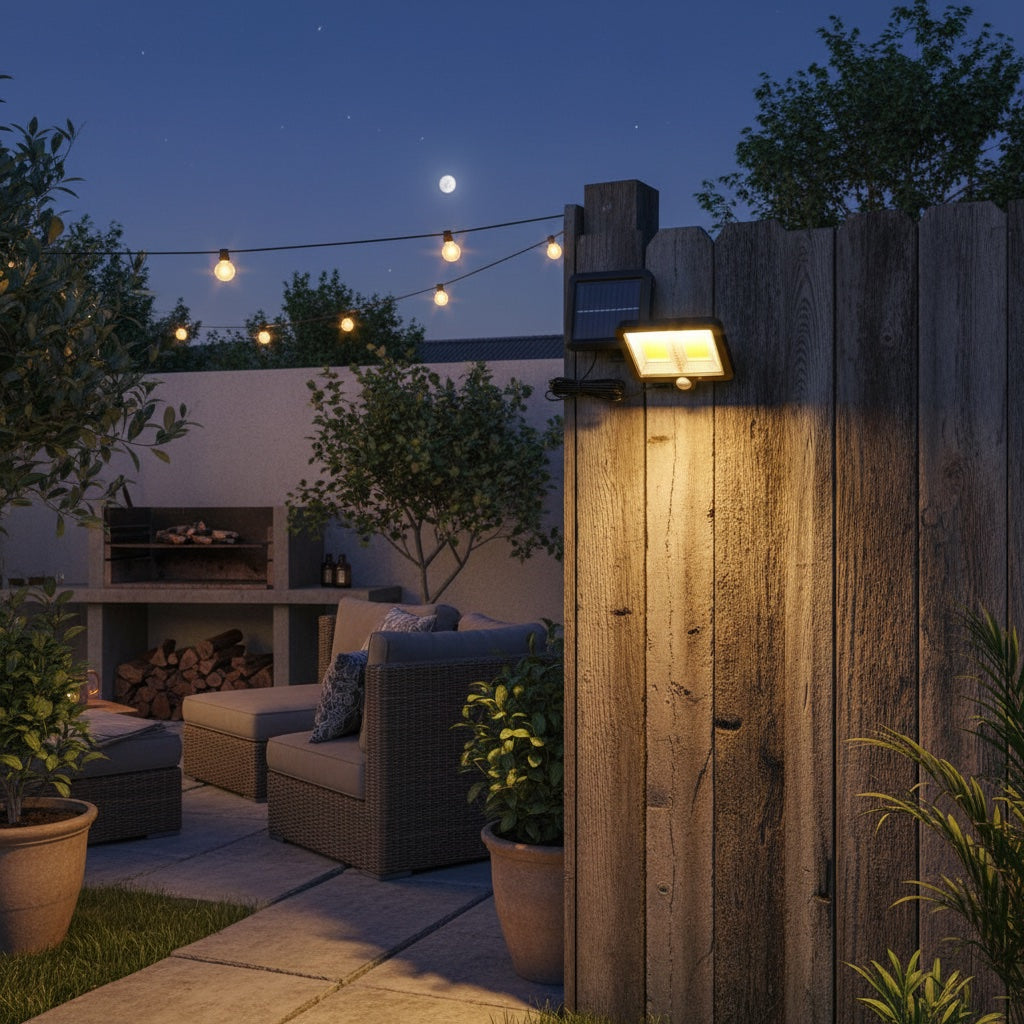 Lumiliving 128COB-3 Mode solar security light - backyard fence lifestyle