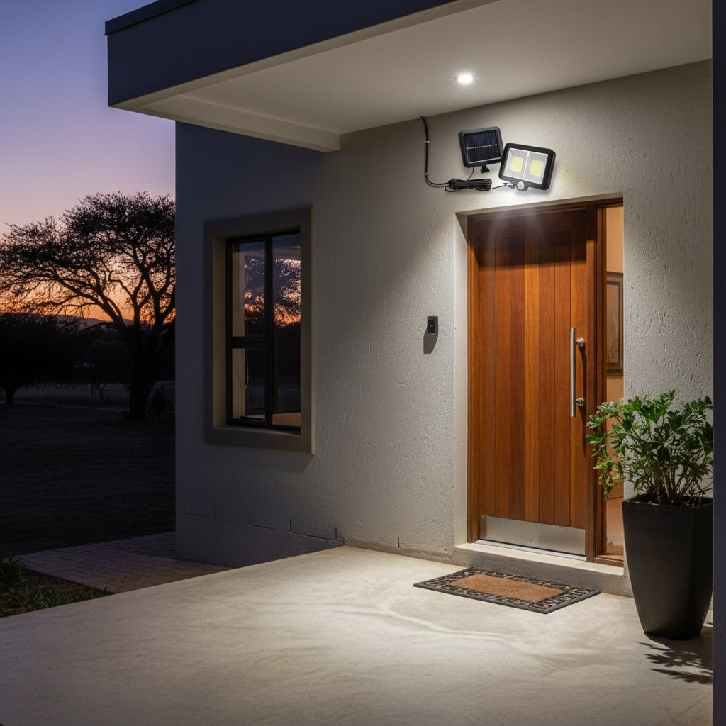 Lumiliving 128COB-3 Mode solar security light - front porch lifestyle