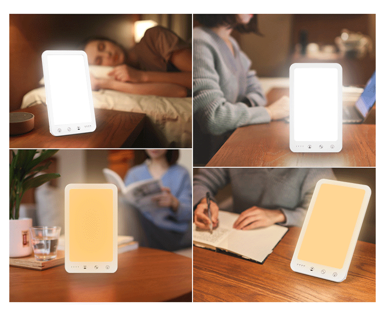 SAD light therapy lamp lifestyle use - bedroom and desk workspace settings