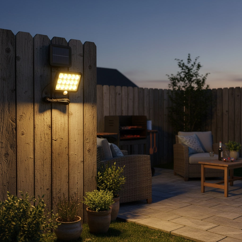 Lumiliving Hexagonal 15 Grid 195COB 3 Mode solar security light - backyard fence lifestyle