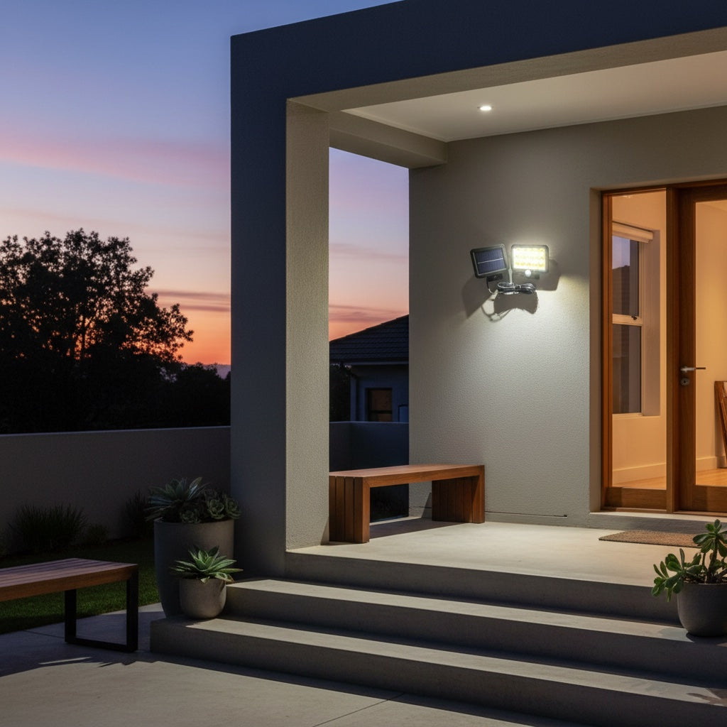 Lumiliving Hexagonal 15 Grid 195COB 3 Mode solar security light - front porch lifestyle