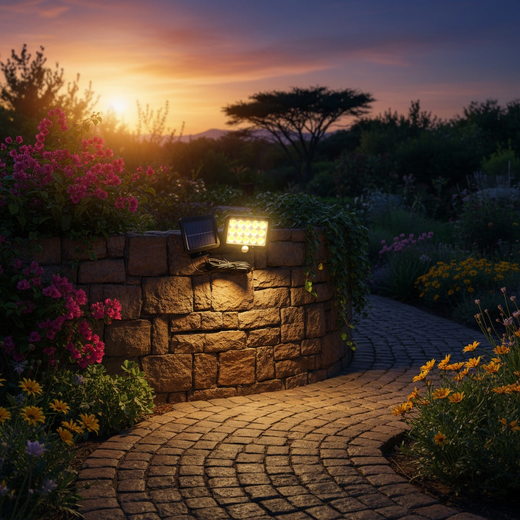 Lumiliving Hexagonal 15 Grid 195COB 3 Mode solar security light - garden pathway lifestyle