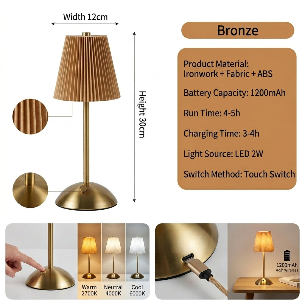 Modern Minimalist Pleated Fabric Table Lamp - Rechargeable Touch Control