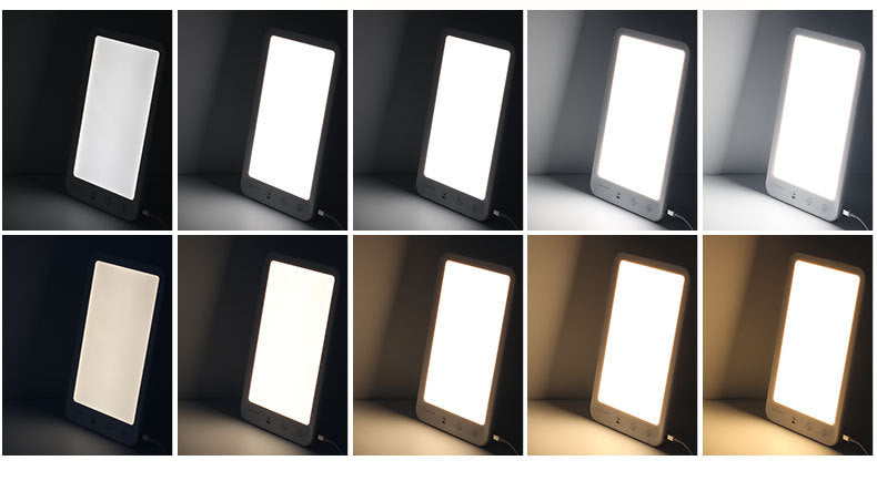 Light therapy lamp showing all 10 brightness and colour temperature modes