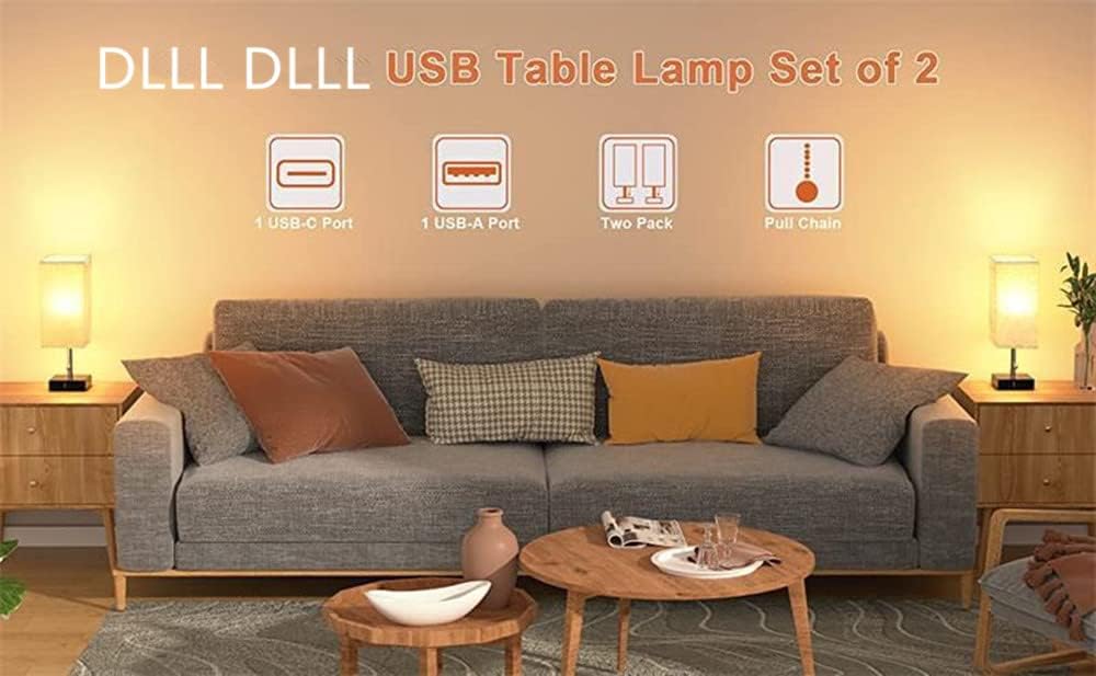 Fabric USB Table Lamp | Pull-Chain, 3-Color LED, Charging Port