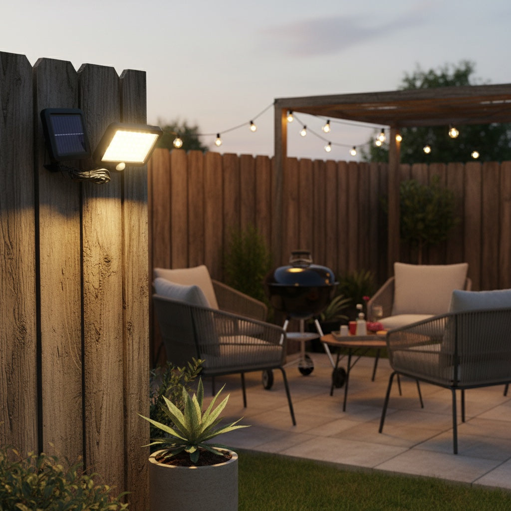 Lumiliving 56LED-3 Mode solar security light - backyard fence lifestyle