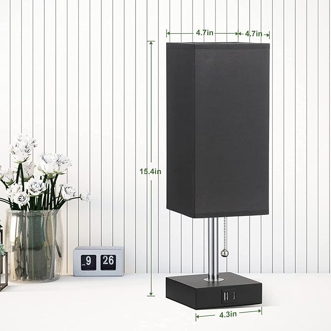 Fabric USB Table Lamp | Pull-Chain, 3-Color LED, Charging Port