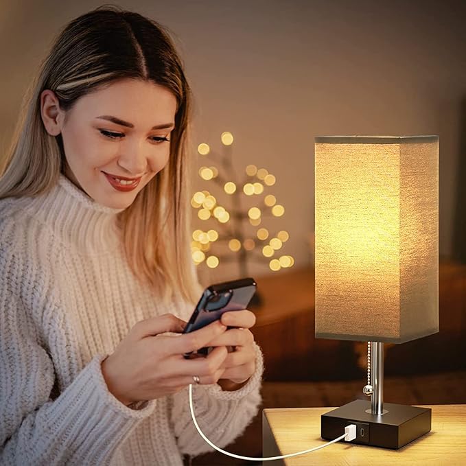 Fabric USB Table Lamp | Pull-Chain, 3-Color LED, Charging Port