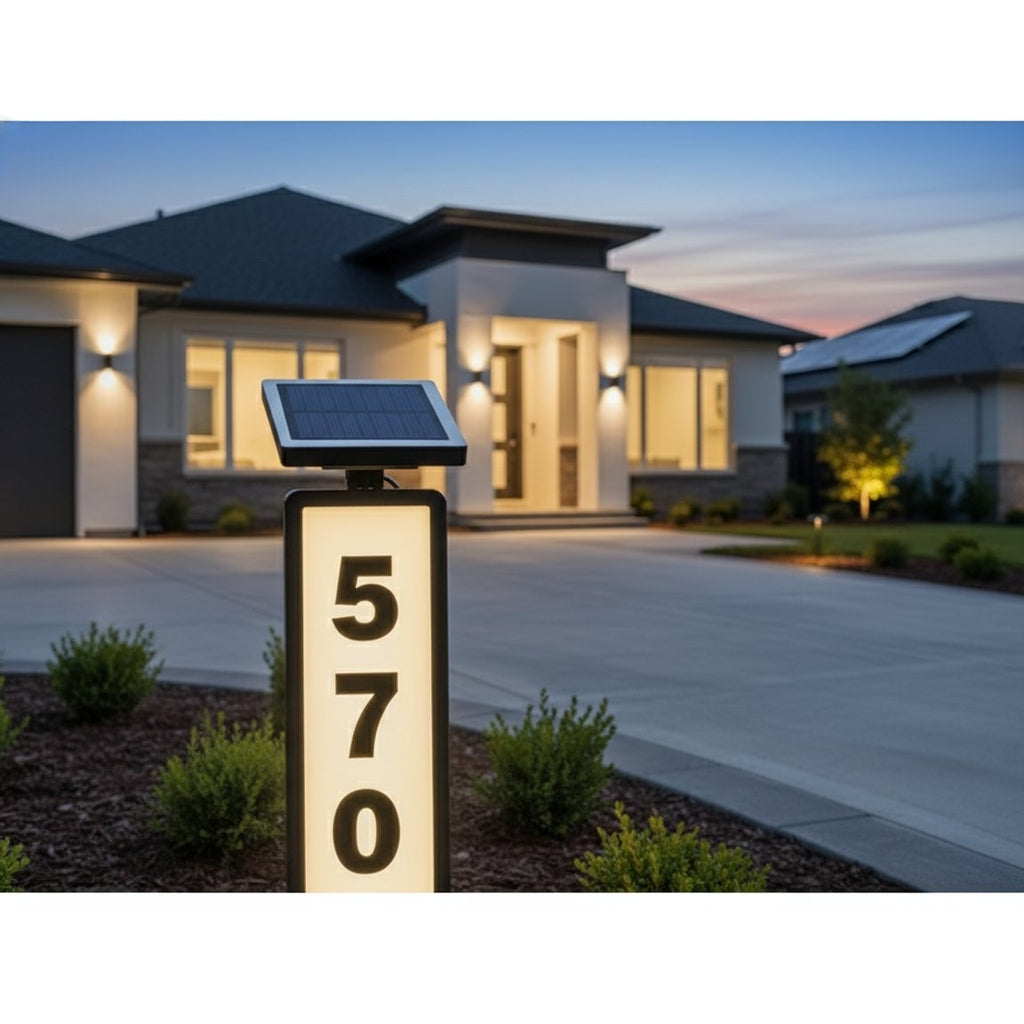 Solar house number light lifestyle - driveway evening scene