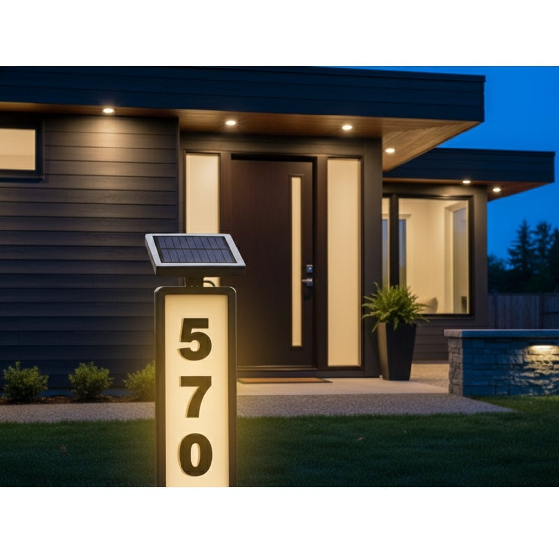 LED house number sign - modern entrance with solar illumination