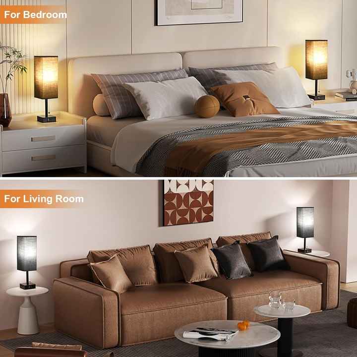 Fabric USB Table Lamp | Pull-Chain, 3-Color LED, Charging Port