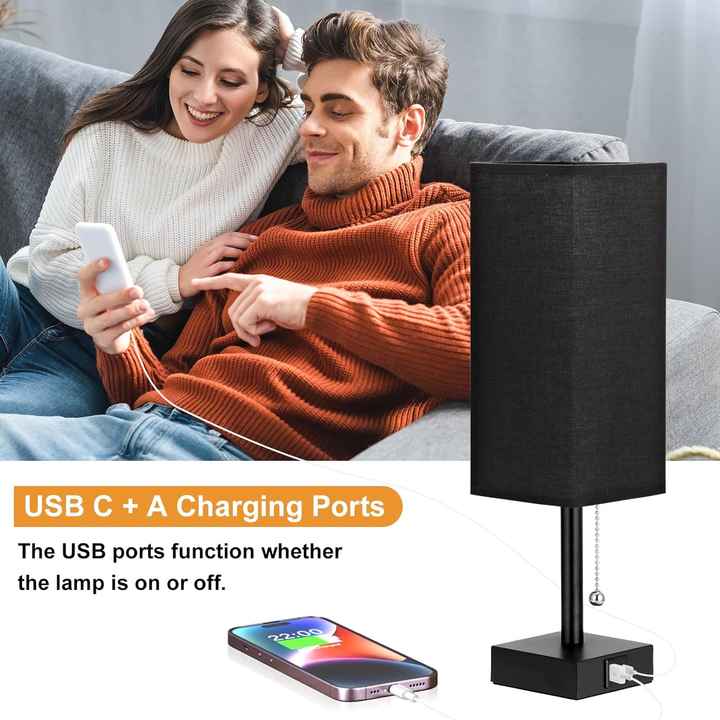 Fabric USB Table Lamp | Pull-Chain, 3-Color LED, Charging Port