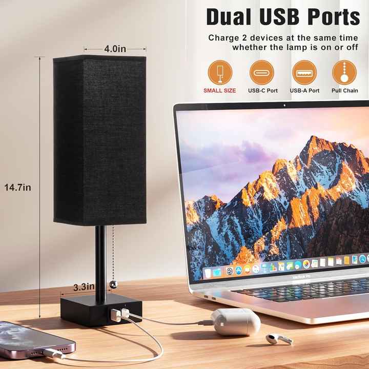 Fabric USB Table Lamp | Pull-Chain, 3-Color LED, Charging Port