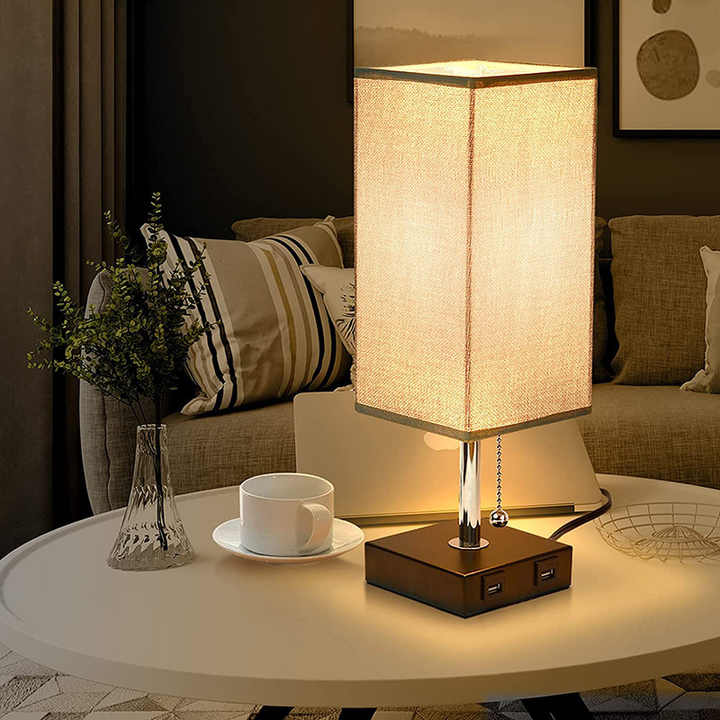 Fabric USB Table Lamp | Pull-Chain, 3-Color LED, Charging Port