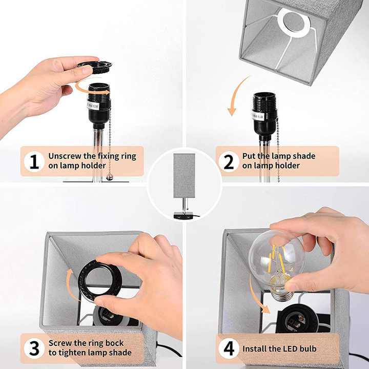 Fabric USB Table Lamp | Pull-Chain, 3-Color LED, Charging Port