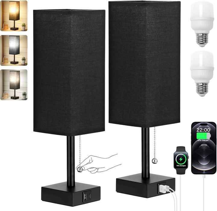 Fabric USB Table Lamp | Pull-Chain, 3-Color LED, Charging Port