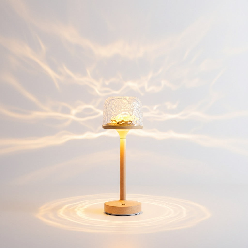 Water ripple night light with remote control, white finish, studio lighting on white background