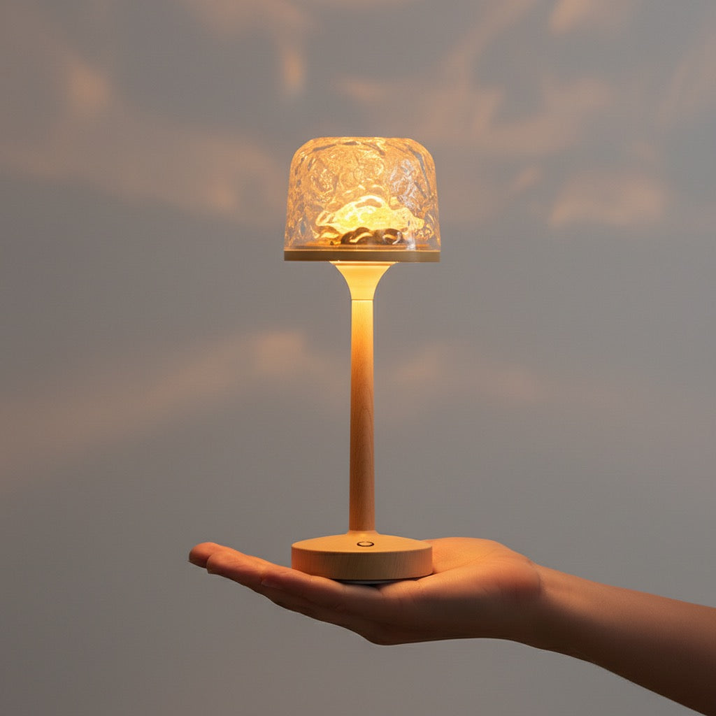 Water ripple night light held in hand showing compact size, 16-color LED lamp with remote