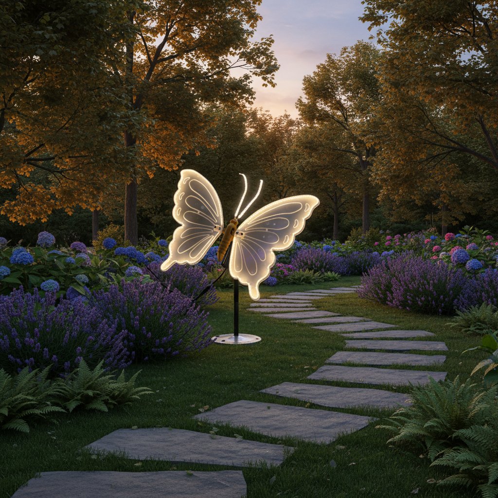 LED butterfly landscape light in garden pathway at dusk