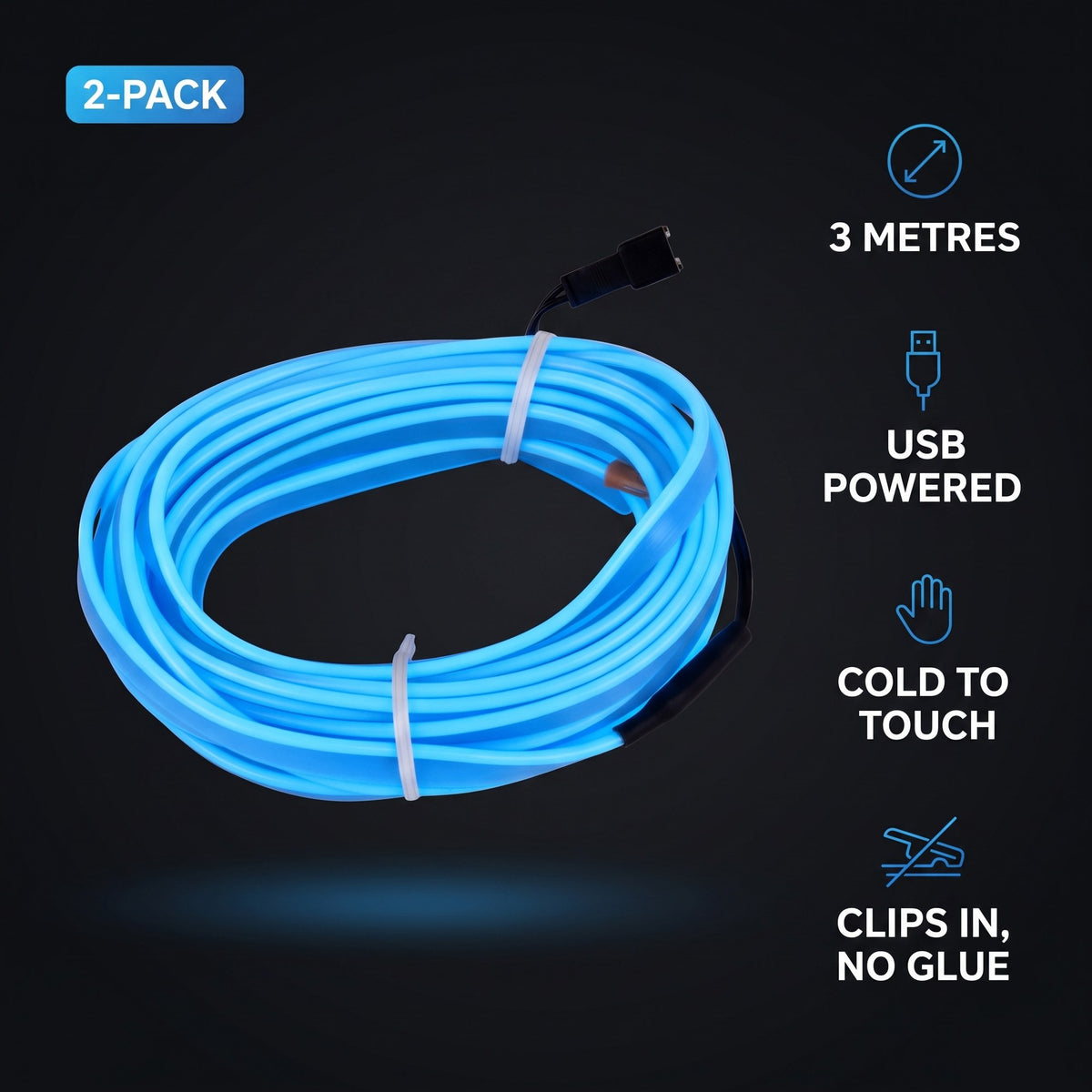 LED Car Interior Light Strip 2-Pack | 3m USB Powered - Blue