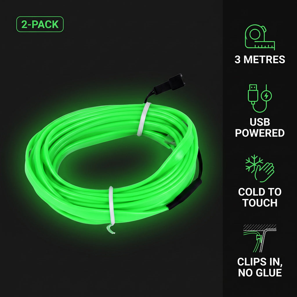LED Car Interior Light Strip 2-Pack | 3m USB Powered - Green
