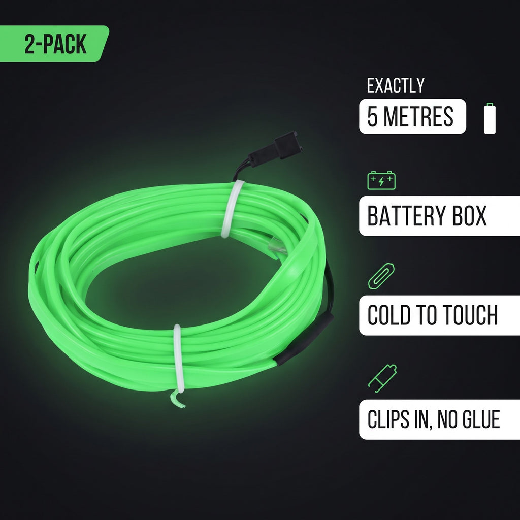 LED Car Interior Light Strip 2-Pack | 5m Battery Powered - Green