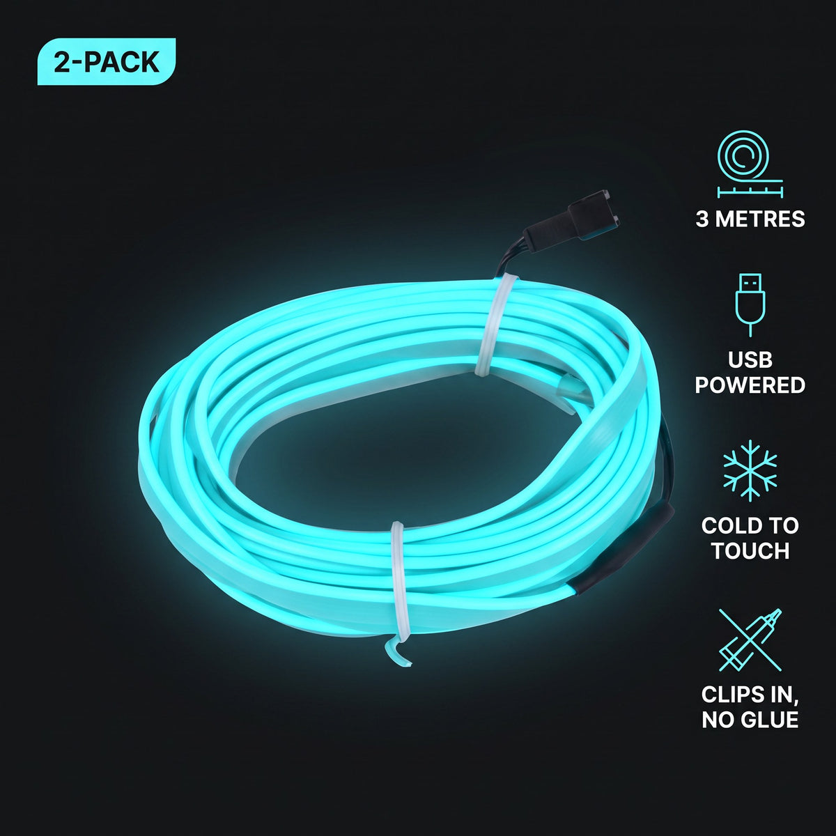 LED Car Interior Light Strip 2-Pack | 3m USB Powered - Ice Blue