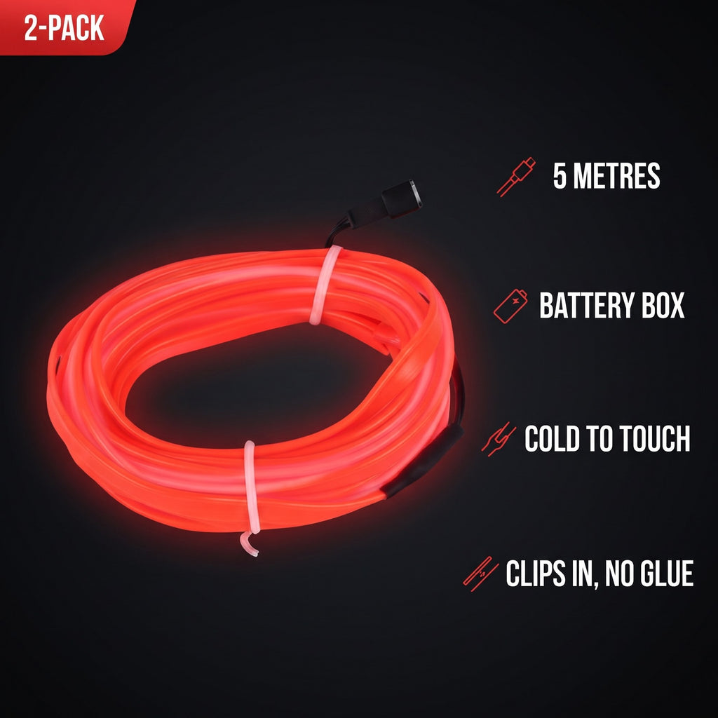 LED Car Interior Light Strip 2-Pack | 5m Battery Powered - Red