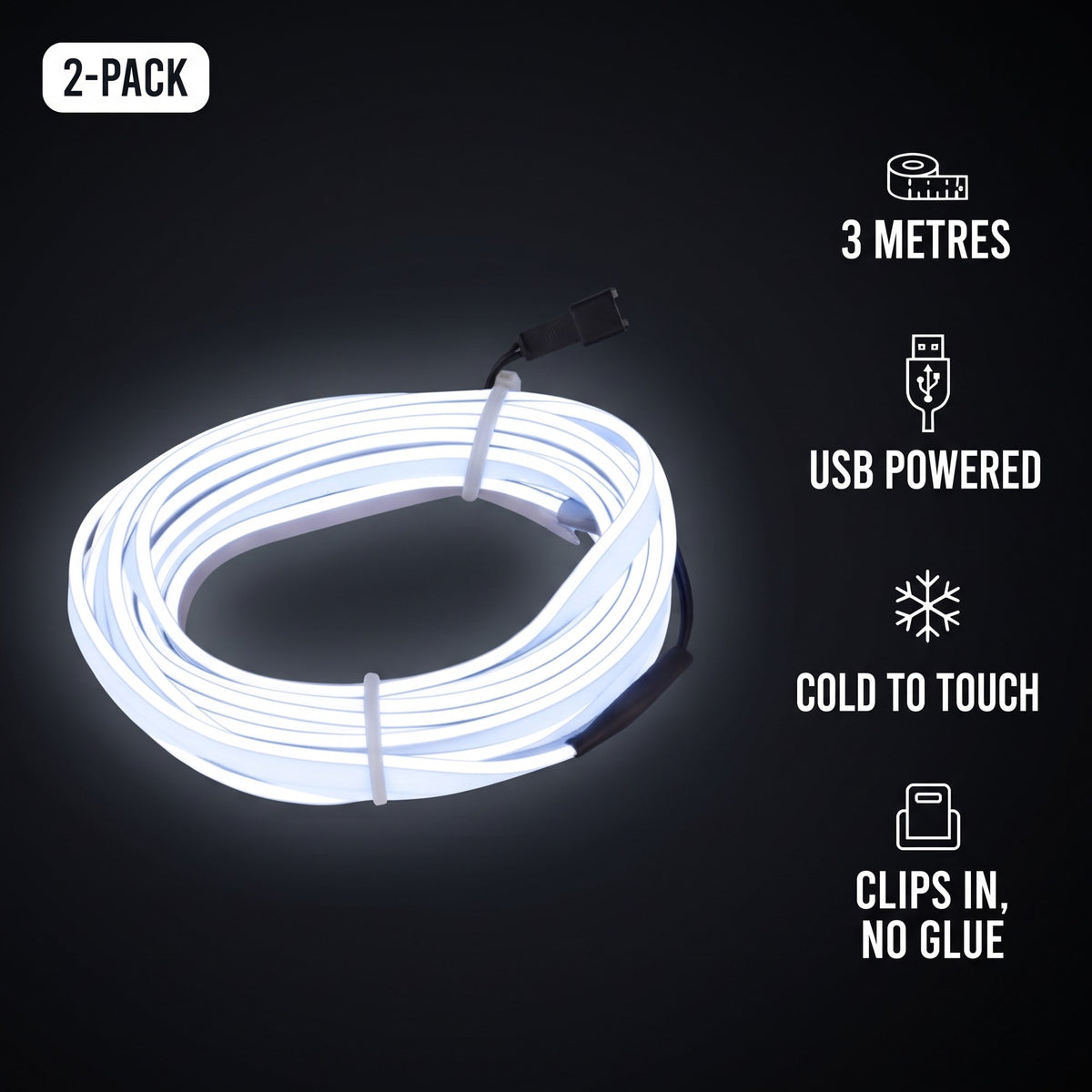 LED Car Interior Light Strip 2-Pack | 3m USB Powered - White