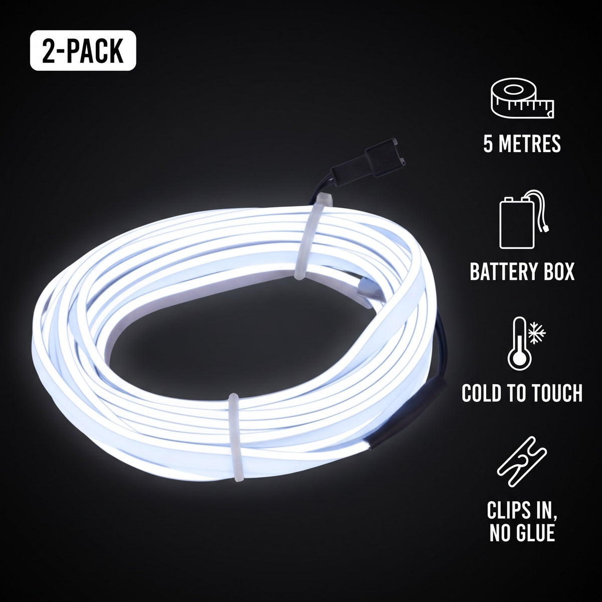 LED Car Interior Light Strip 2-Pack | 5m Battery Powered - White