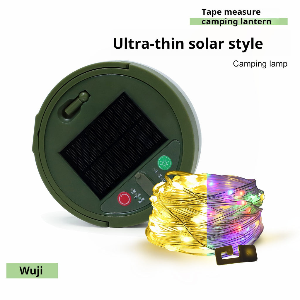 Ultra-thin solar camping light with LED string on white background