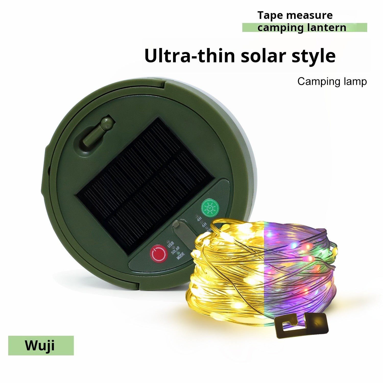 Ultra-thin solar camping light with LED string on white background