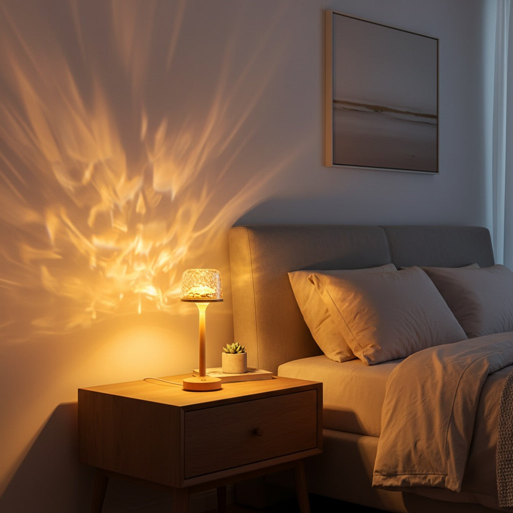 Water ripple night light on bedroom nightstand, warm ambient glow, modern room setting
