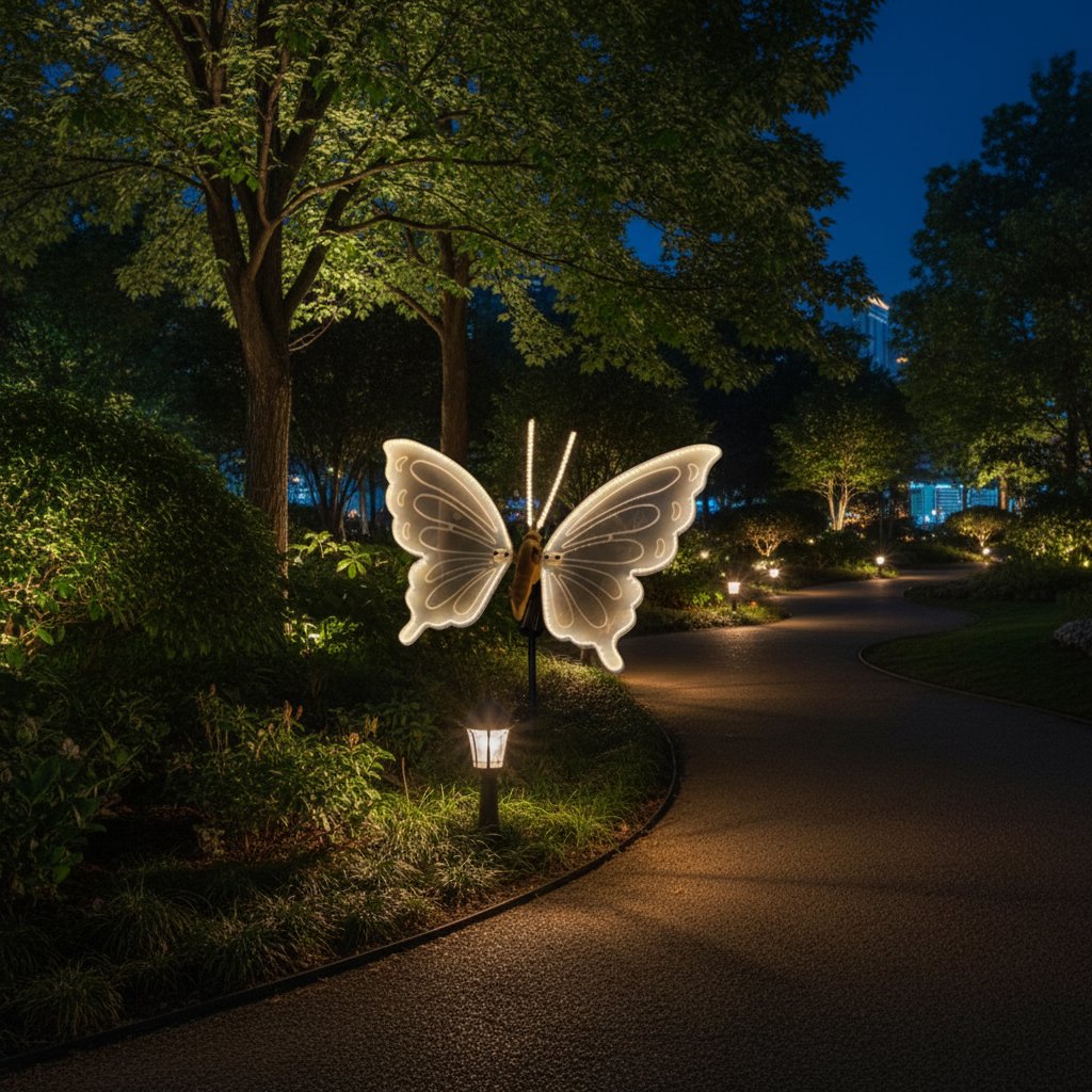 LED butterfly light in park setting at night - outdoor lighting