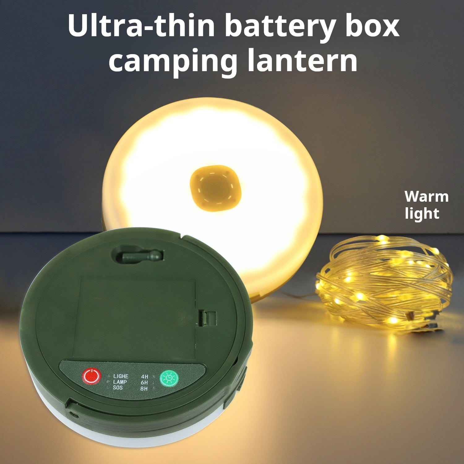 Solar camping string lights warm white mode in use